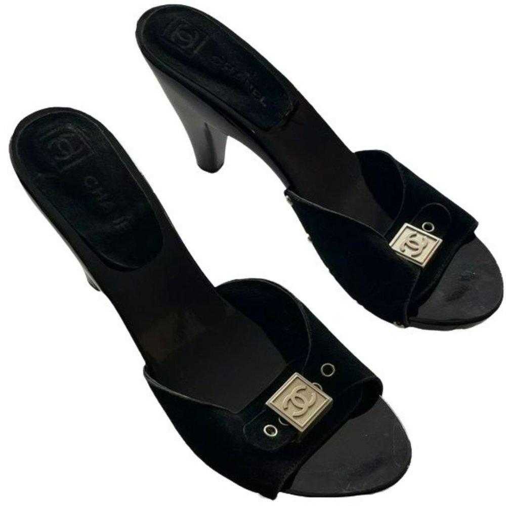 Chanel Vintage Y2K Suede Logo Mule Heel Slides